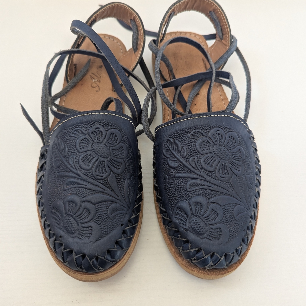 Alex Floral Embossed Navy Leather Sandals